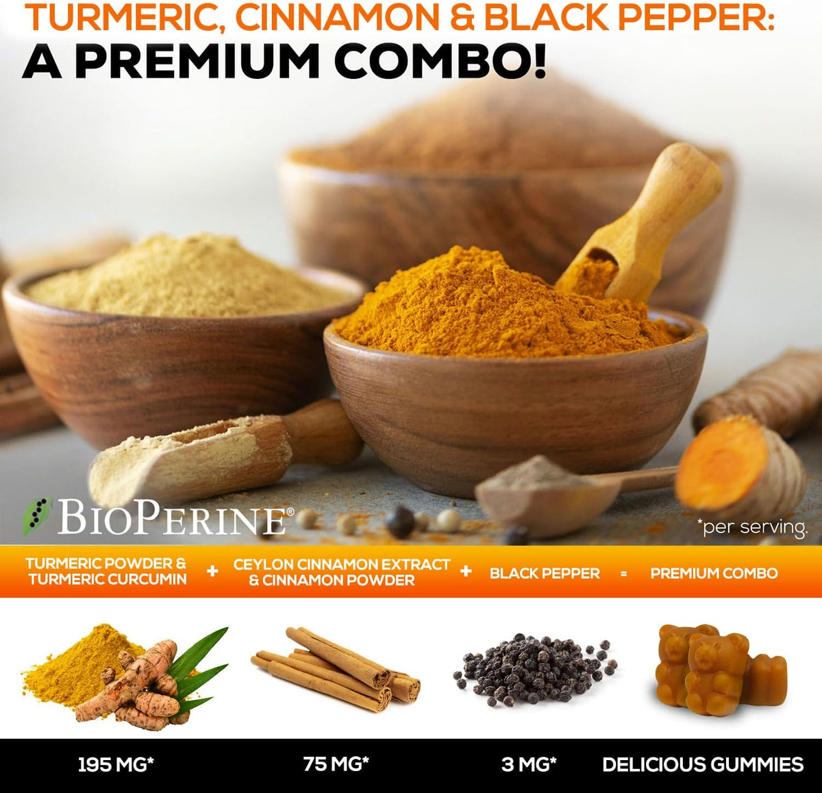 Turmeric Curcumin Supplement Gummies - 95% Curcuminoids with Turmeric Ginger, Black Pepper for Best Absorption - Best Nature'S Vegan Joint Support, Gluten Free, Tasty Cinnamon Flavor - 60 Gummies