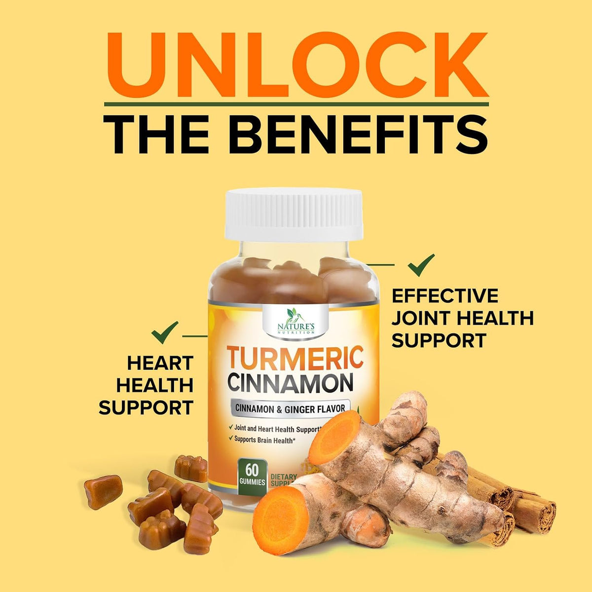 Turmeric Curcumin Supplement Gummies - 95% Curcuminoids with Turmeric Ginger, Black Pepper for Best Absorption - Best Nature'S Vegan Joint Support, Gluten Free, Tasty Cinnamon Flavor - 60 Gummies