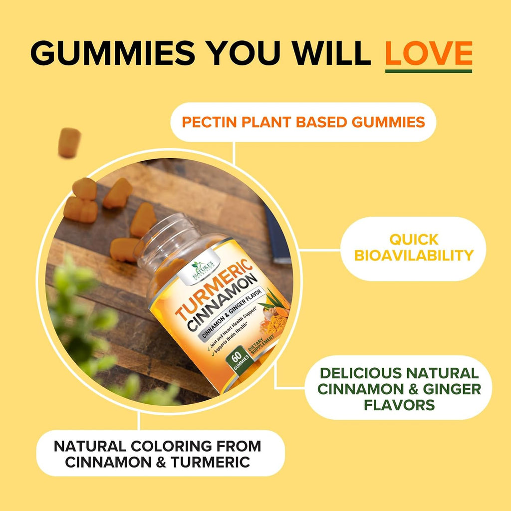 Turmeric Curcumin Supplement Gummies - 95% Curcuminoids with Turmeric Ginger, Black Pepper for Best Absorption - Best Nature'S Vegan Joint Support, Gluten Free, Tasty Cinnamon Flavor - 60 Gummies