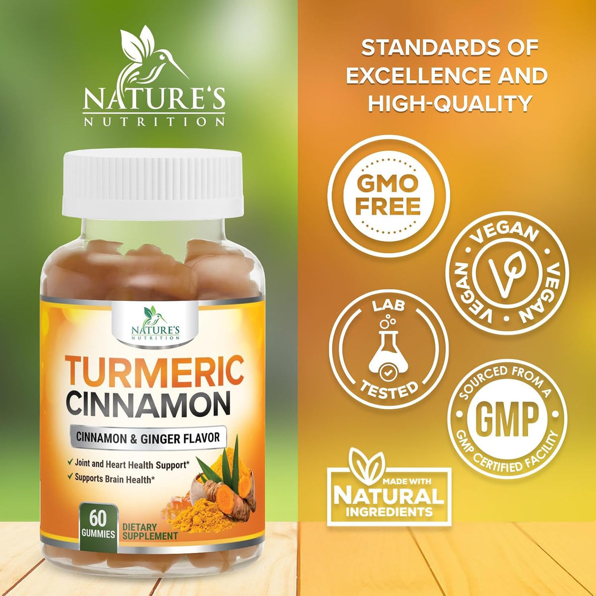 Turmeric Curcumin Supplement Gummies - 95% Curcuminoids with Turmeric Ginger, Black Pepper for Best Absorption - Best Nature'S Vegan Joint Support, Gluten Free, Tasty Cinnamon Flavor - 60 Gummies
