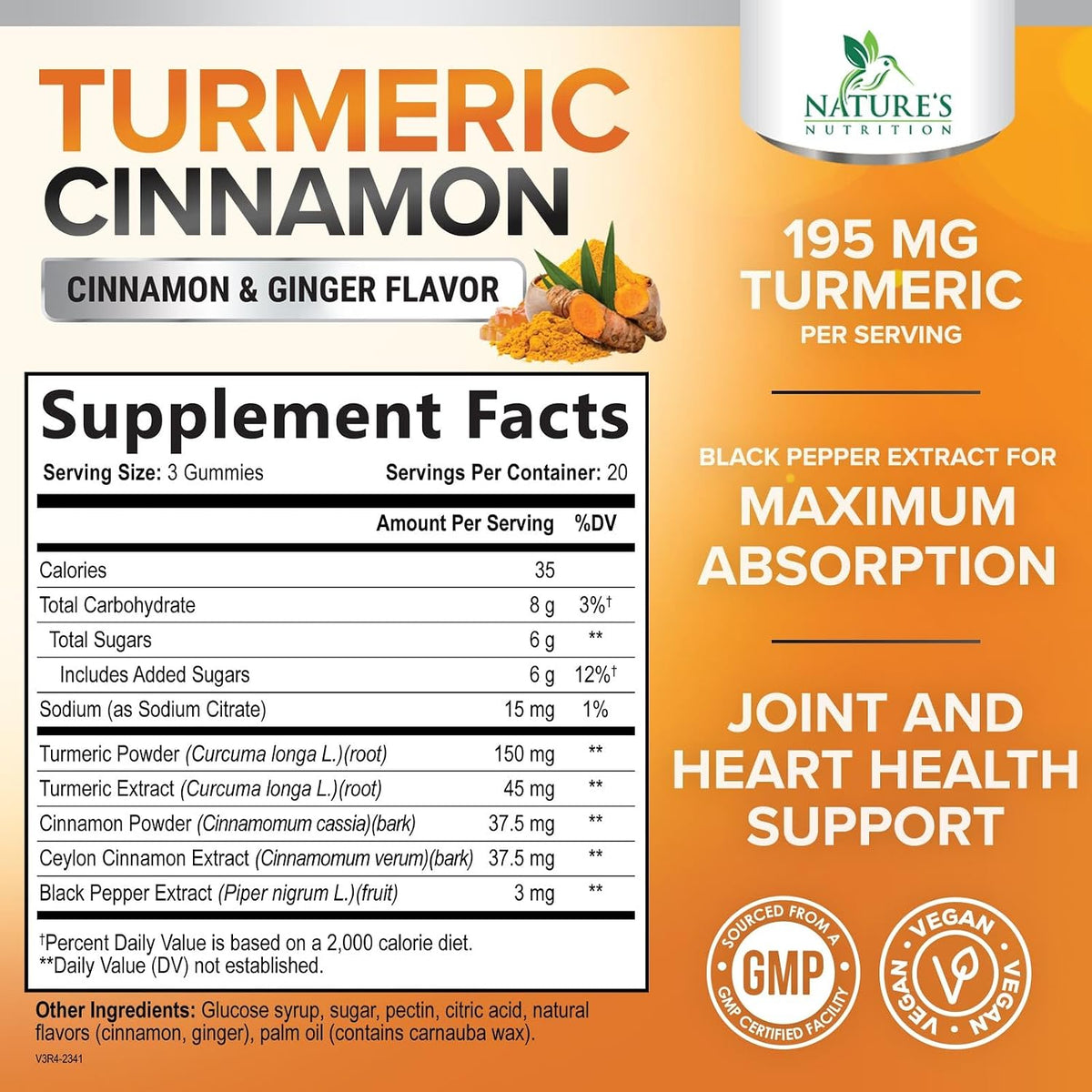 Turmeric Curcumin Supplement Gummies - 95% Curcuminoids with Turmeric Ginger, Black Pepper for Best Absorption - Best Nature'S Vegan Joint Support, Gluten Free, Tasty Cinnamon Flavor - 60 Gummies